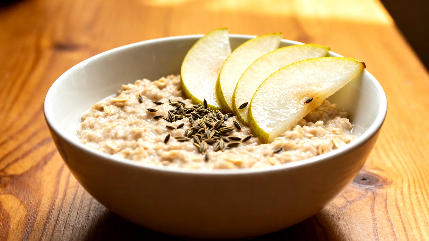 Haferkleie-Porridge mit Fenchelsamen und Birne"
